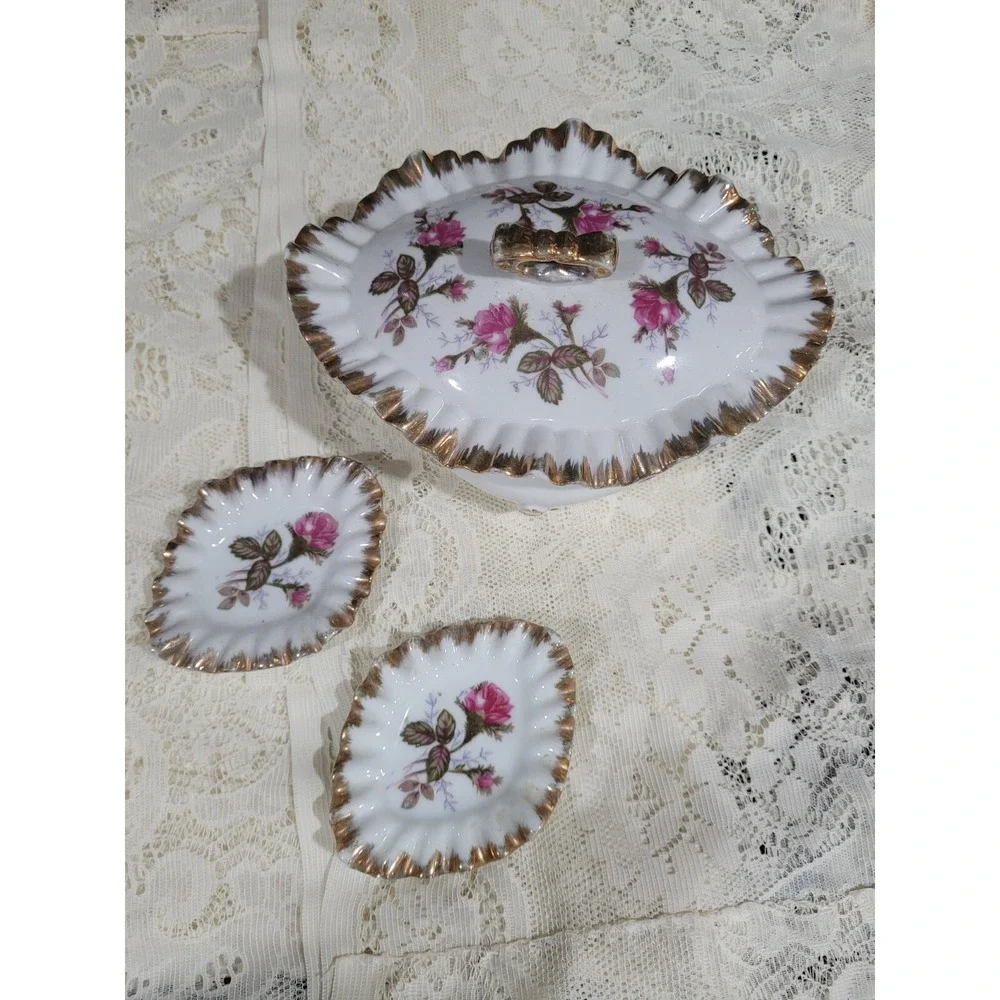 Gold Trim Floral Footed Bowl With 2 Ruffled Edge Dishes Japan